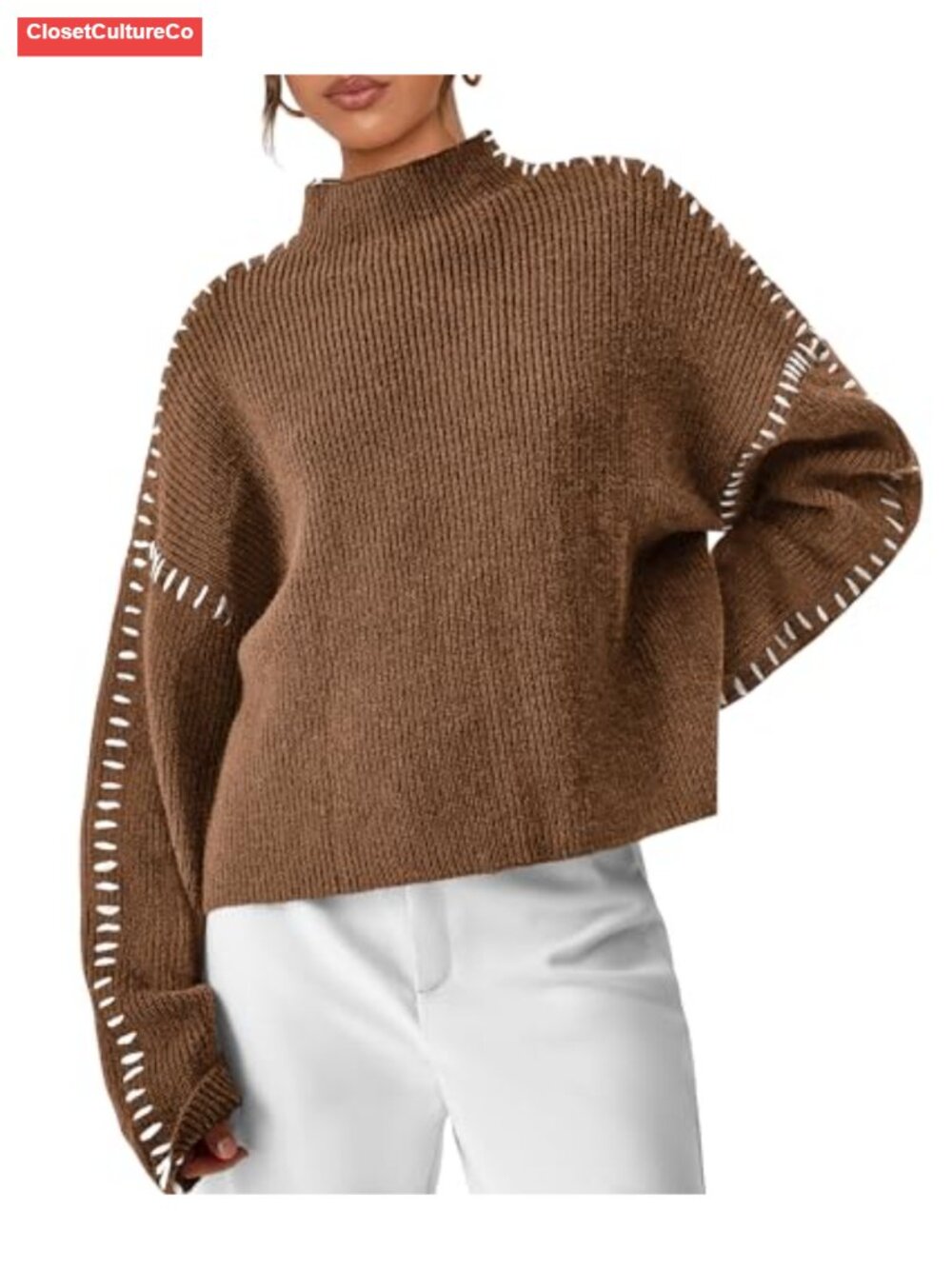 Chunky Knit Oversized Pullover Sweater Mock Neck Drop Shoulder Cropped